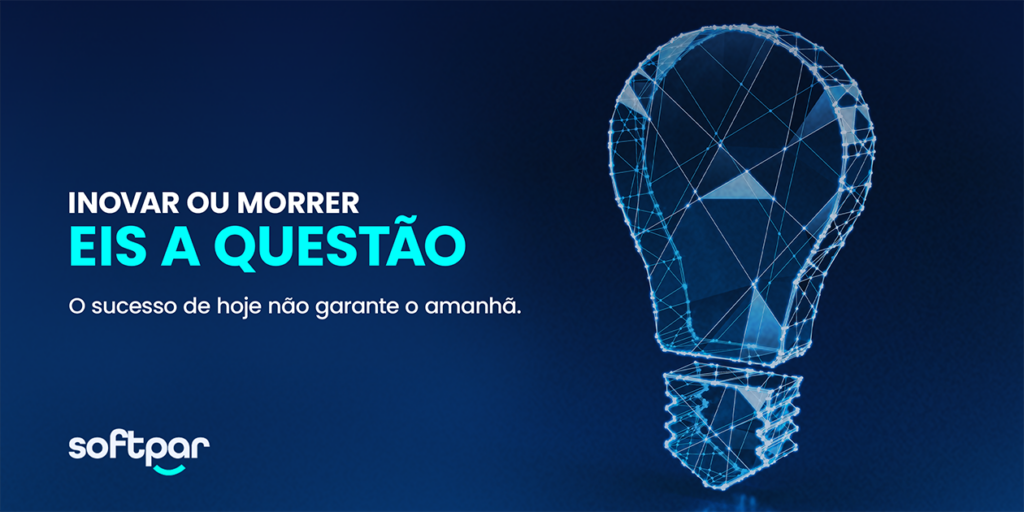 Ilustração digital com uma lâmpada feita de linhas geométricas azuis, simbolizando inovação e tecnologia. À esquerda, o texto em destaque: “Inovar ou morrer, eis a questão”. Logo abaixo, em fonte menor: “O sucesso de hoje não garante o amanhã”. No canto inferior, a marca Softpar.